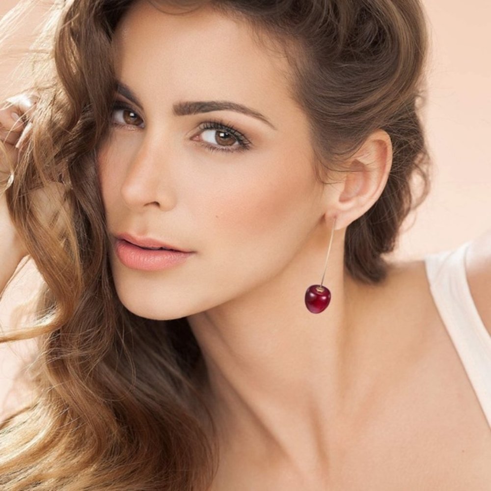 Red Cherry Dangle Drop Gold Cute Earrings - Picture 1 of 5